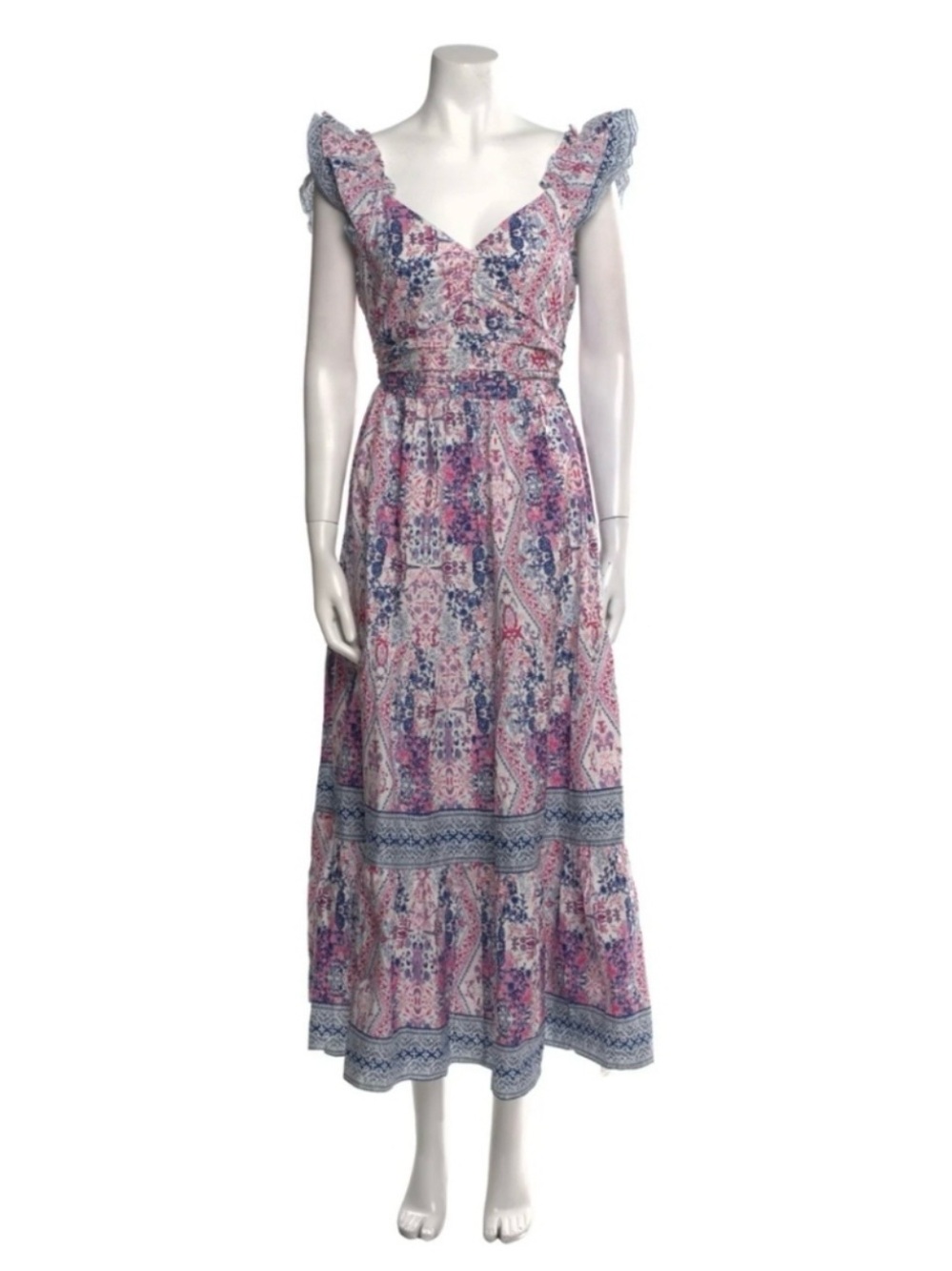 Caroline Constas Tiered Maxi Dress S Cotton Smocked Back Pockets Boho Cowgirl
